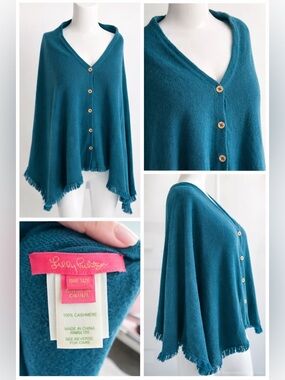 Lily Pulitzer 100% Cashmere Teal Poncho Shawl One Size Soft Luxury Wrap